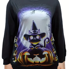  Halloween Sports Top Women's Plus Cat & Pumpkin Print Long Sleeve