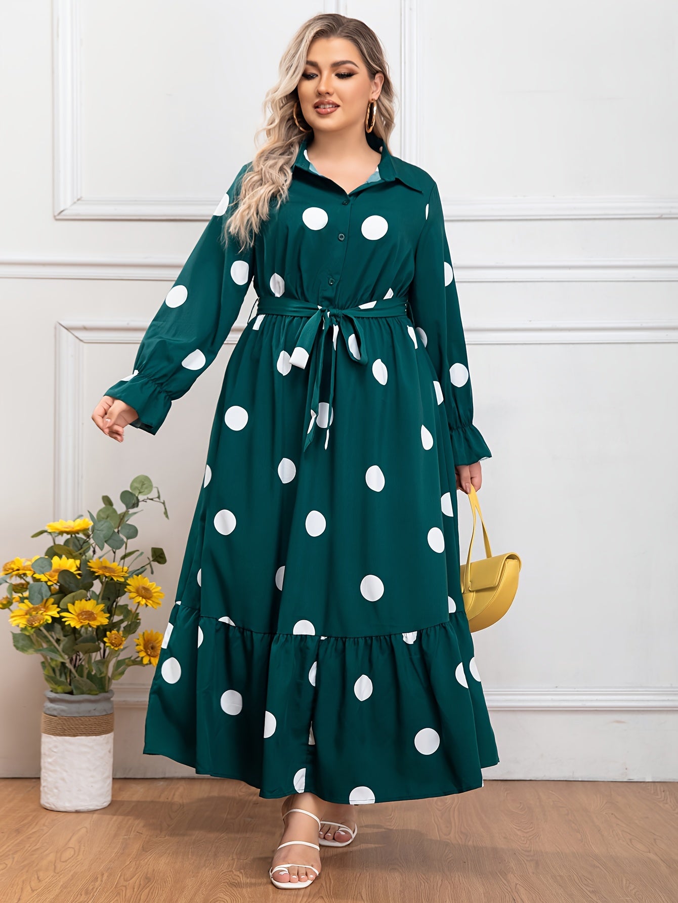  Dot Print Long Sleeve Maxi Shirt Dress