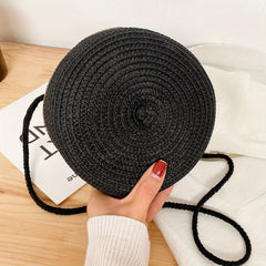 Straw Round Beach Crossbody Bag Solid Casual Summer Woven Handbag