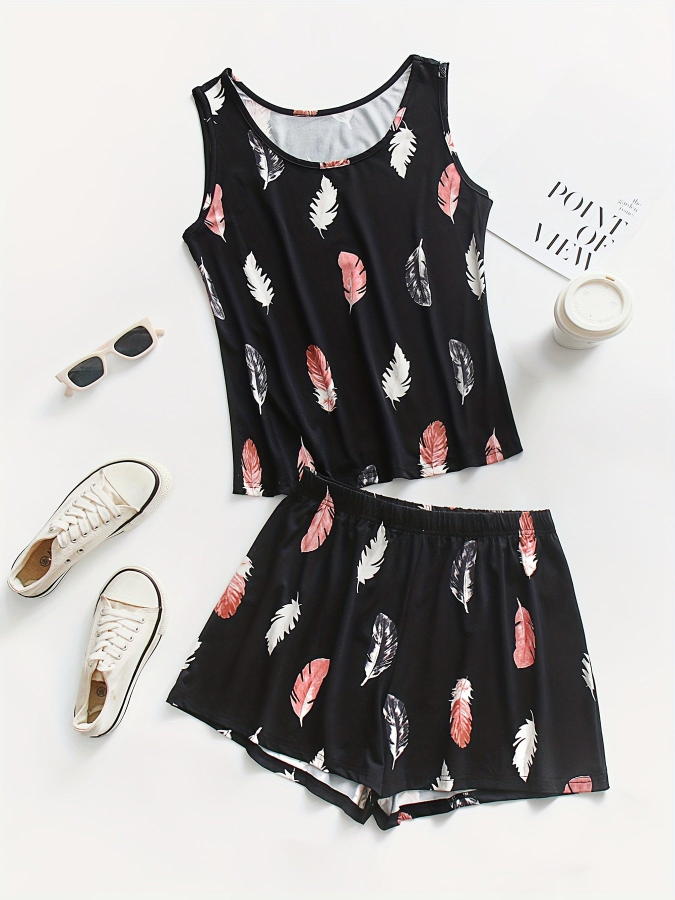 Women's Plus Feather Print Tank Top & Shorts Set