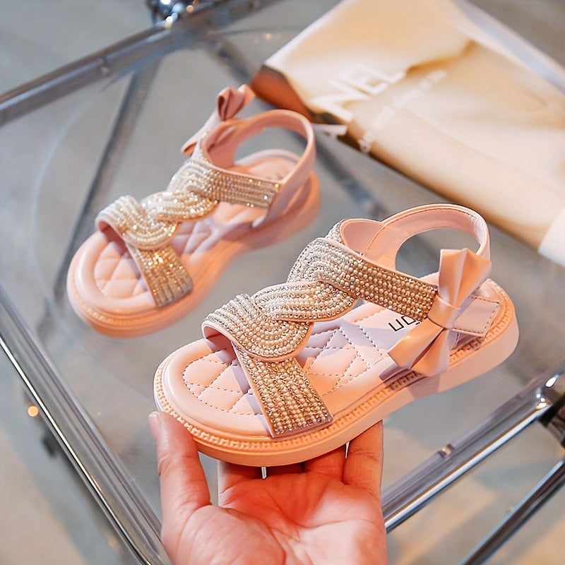 Girls Rhinestone Bow Sandals Open Toe Non-slip Party Beach Sandals