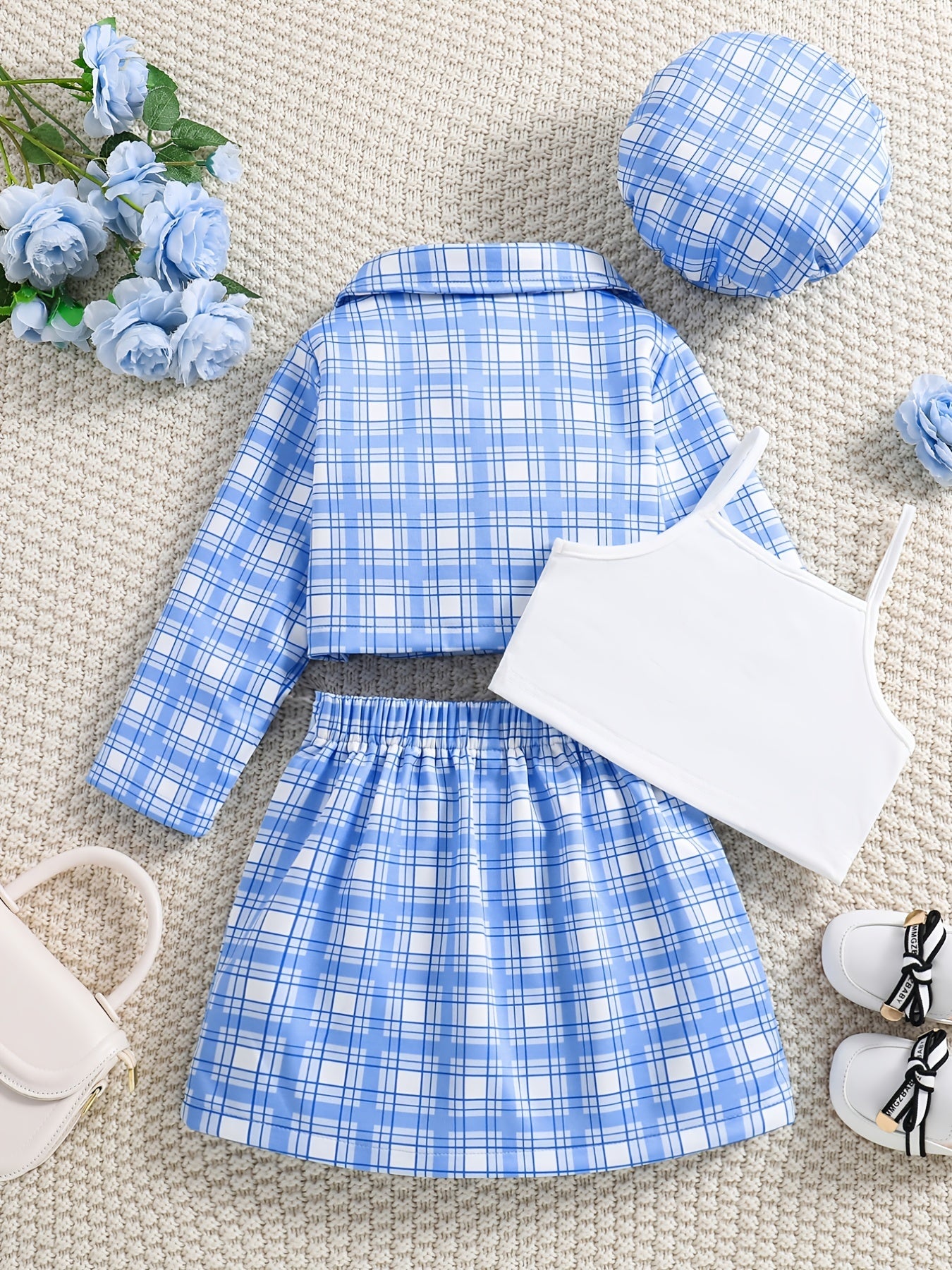 Girl's 4pcs Plaid Blazer & Beret Hat Set