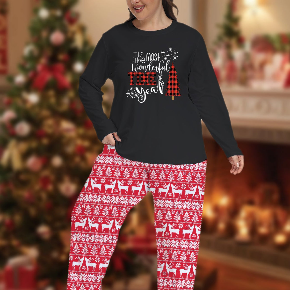  Christmas Pajama Set Women's Plaid Tee & Striped Pants Lounge 2 Piece