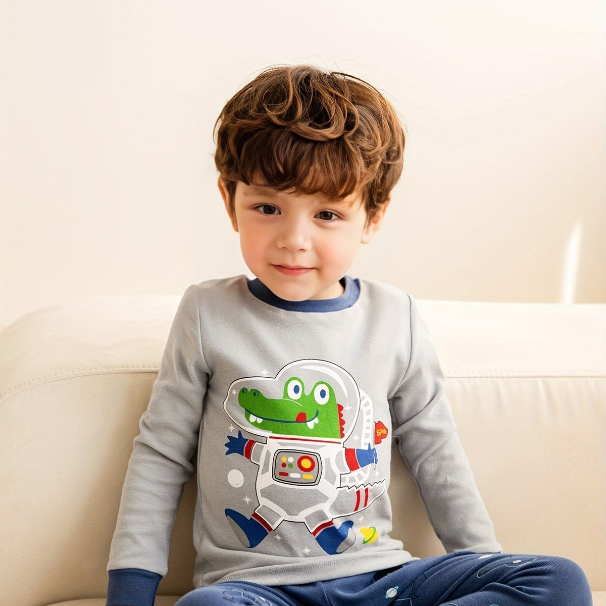 Boys Crocodile Astronaut Cartoon Top & Pants Homewear Set