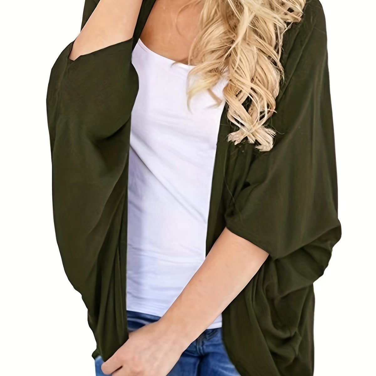  Casual Cardigan Women's Plus Solid Bat Sleeve Open Front