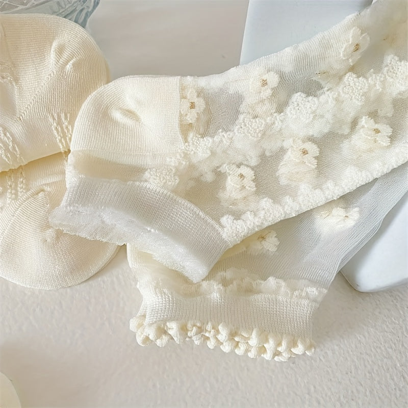 5 Pairs Floral Mesh & Ruffle Ankle Socks Women's Stockings