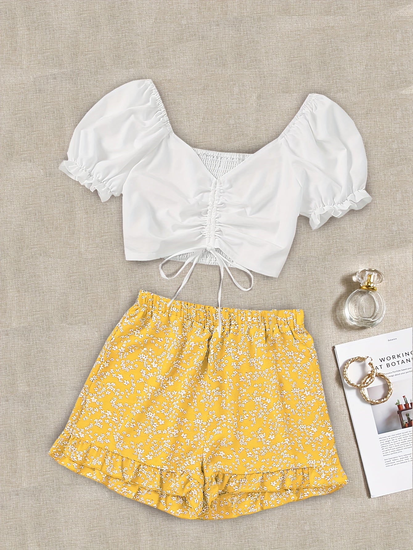 Casual Two Piece Set Drawstring Puff Sleeve Tops & Floral Print Elastic Shorts