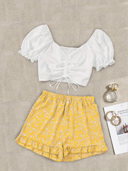 Casual Two Piece Set Drawstring Puff Sleeve Tops & Floral Print Elastic Shorts