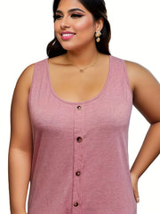  Casual Tank Top Women's Plus Solid Button Decor Round Neck Tank Top