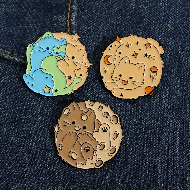 Planet Cat Enamel Brooches Pins Earth Brooches Lapel Badges Animal Jewelry Gift