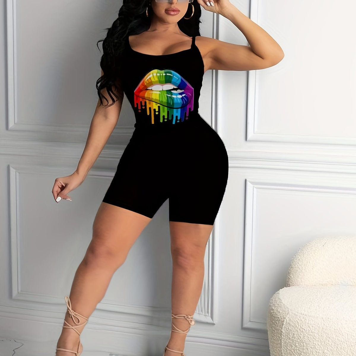 Sleeveless Lip Print Cami Romper Jumpsuit Women's Clothing