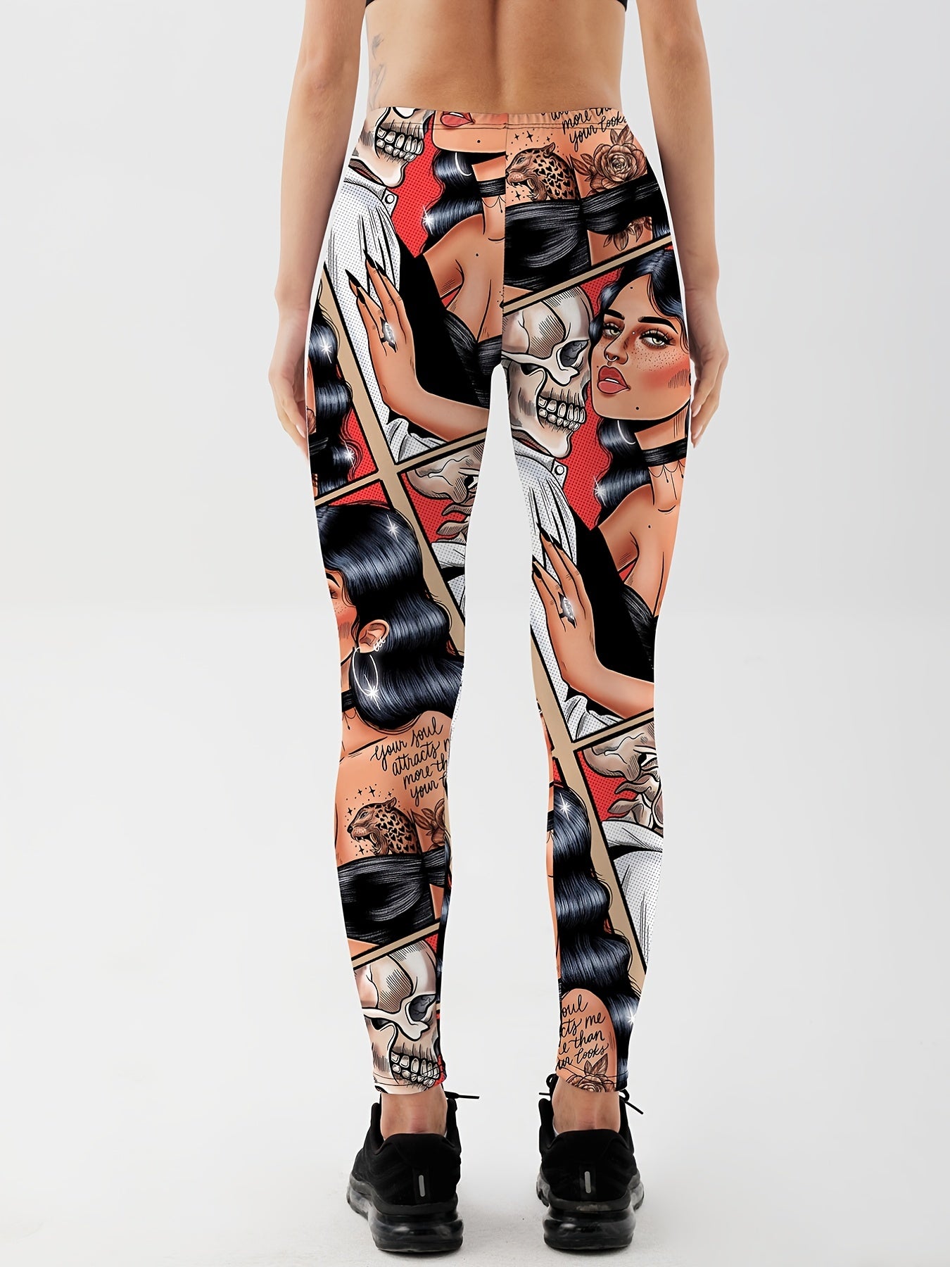 Cartoon Skull Print Yoga Leggings For Halloween High Stretch