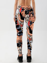 Cartoon Skull Print Yoga Leggings For Halloween High Stretch