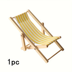 1:12 Scale Wooden Beach Chair w/ Striped Cushions, Foldable Longue Deck Chair