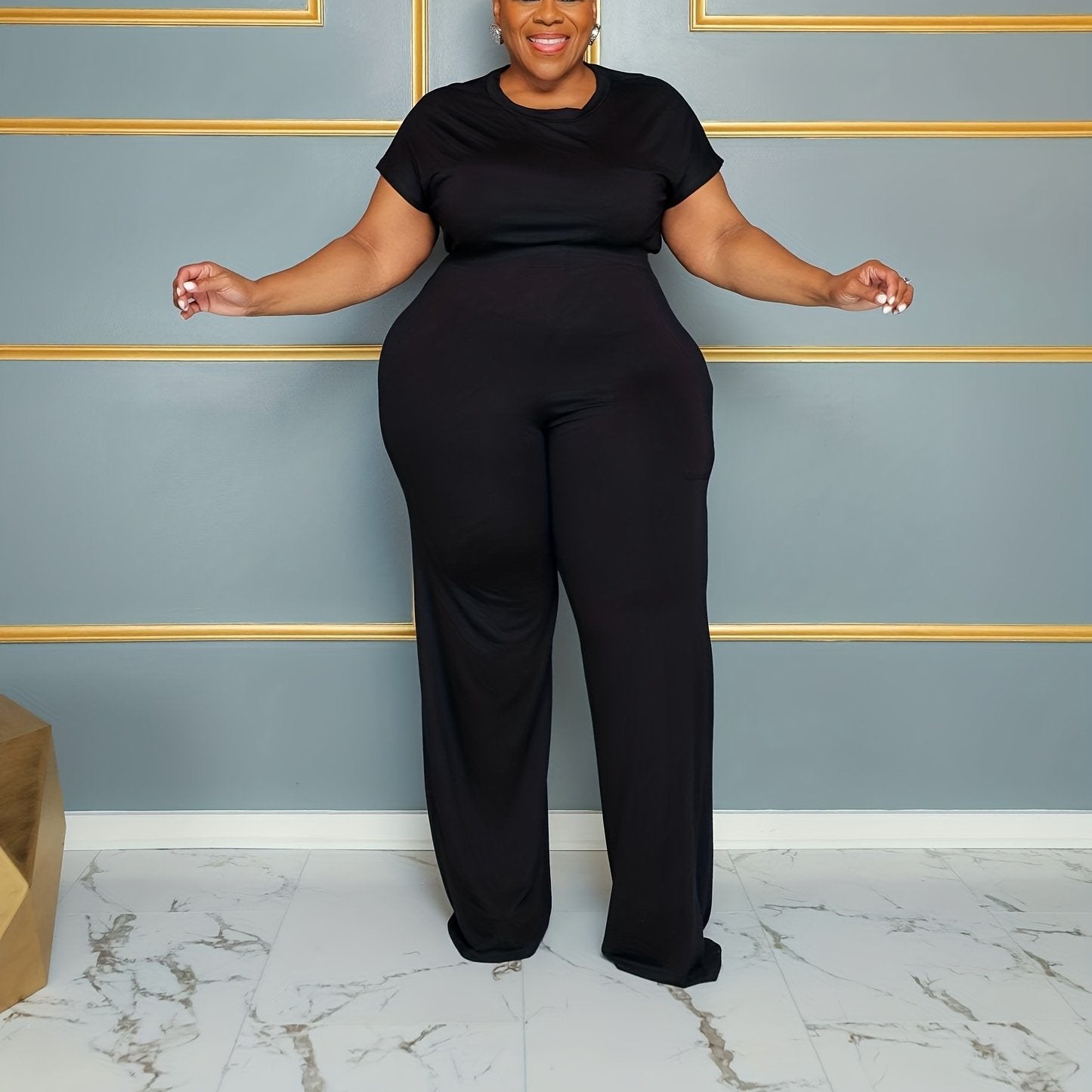  Solid Top & Wide Leg Pants Two Piece Set