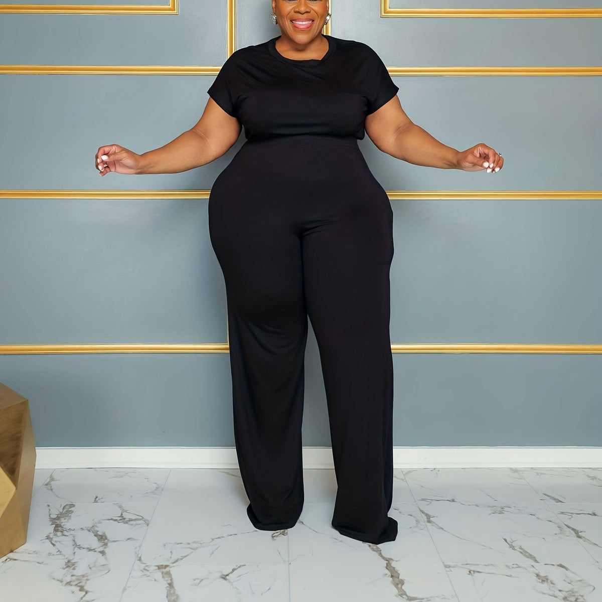  Solid Top & Wide Leg Pants Two Piece Set