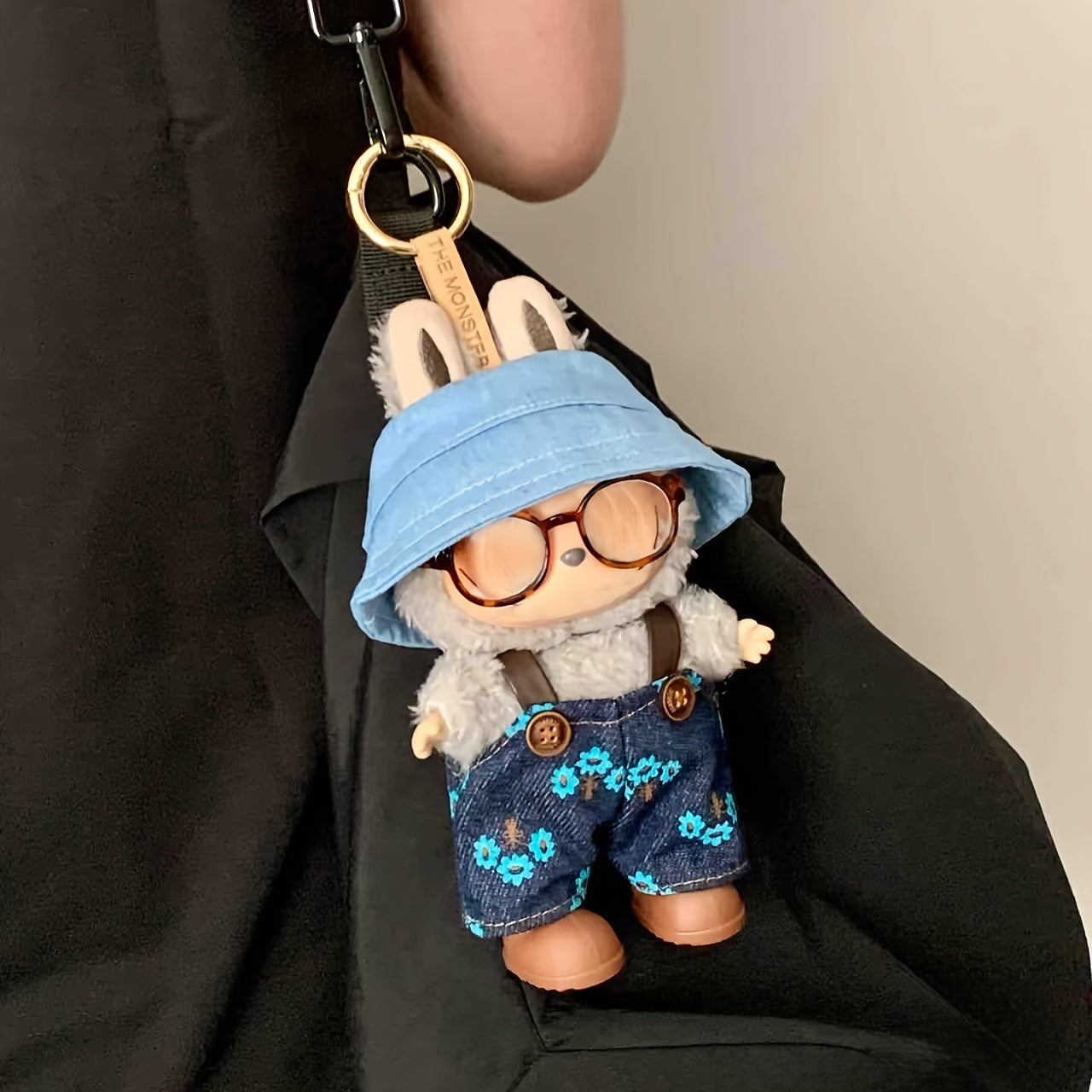 LABUBU Fisherman Hat Denim Overalls Leopard Print Glasses Brown Shoe