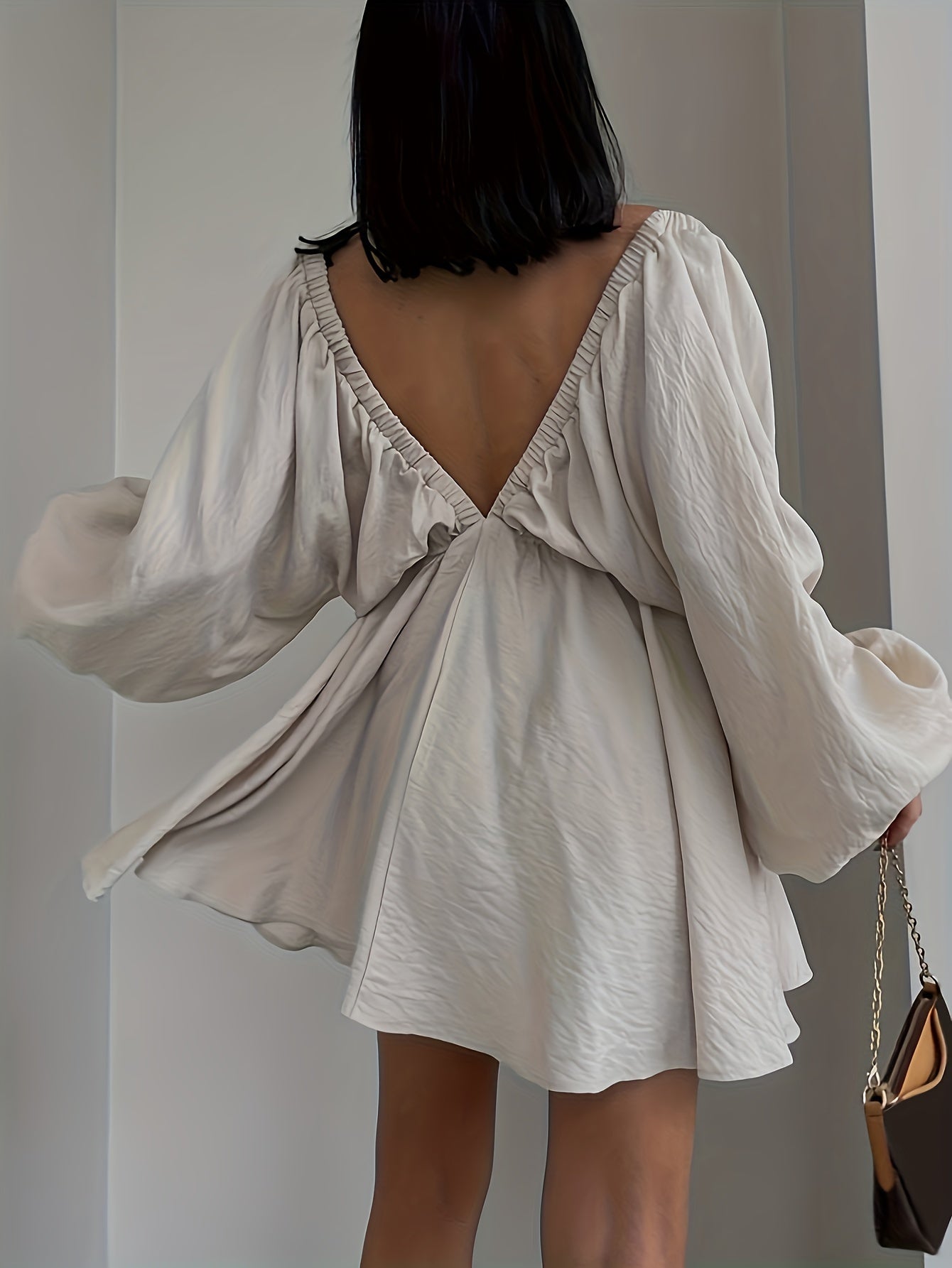  Sexy Dress Women's Plus Solid Lantern Sleeve V Neck Mini Dress