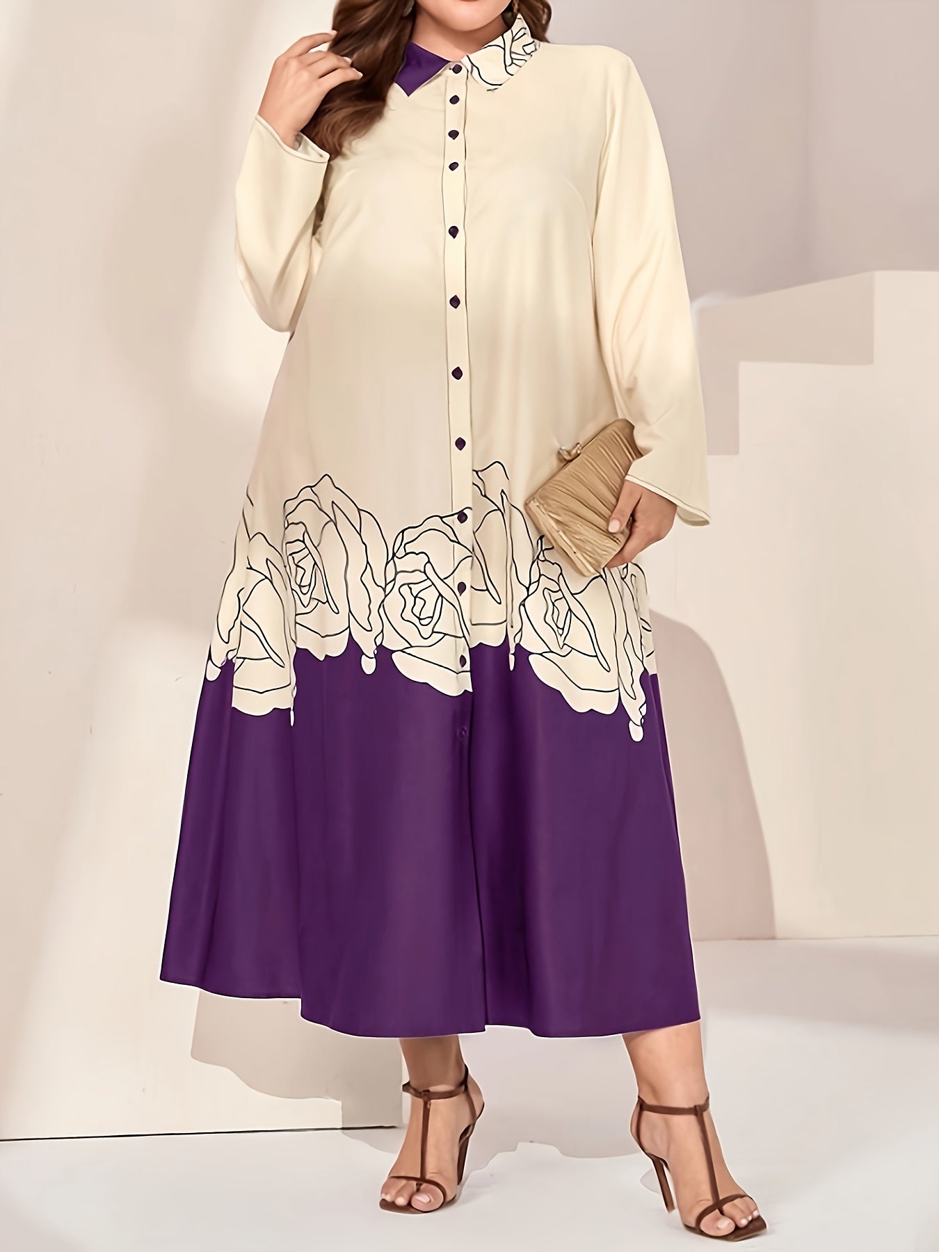  Abaya Dress Women's Plus Colorblock Floral Print Long Sleeve