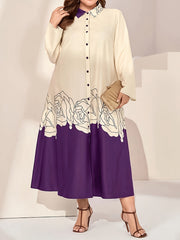  Abaya Dress Women's Plus Colorblock Floral Print Long Sleeve