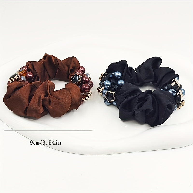 Faux Pearl Double Beaded Scrunchies Hair Tie Hair Rope Satin Ponytail
