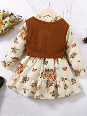 2pcs Toddler Girls Knit Vest Floral Dress Set