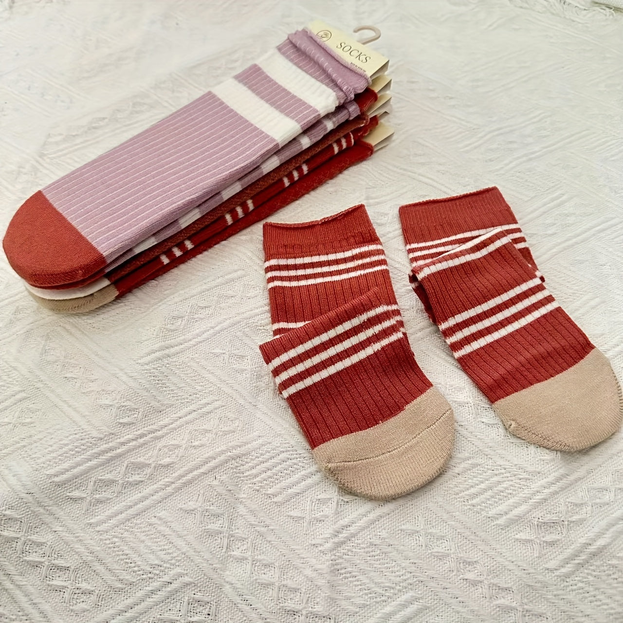3 Pairs Striped Floor Socks Warm Mid Tube Women's Stockings