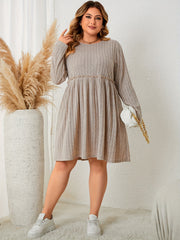  Solid Ribbed Ruffle Trim Long Sleeve Casual Dress