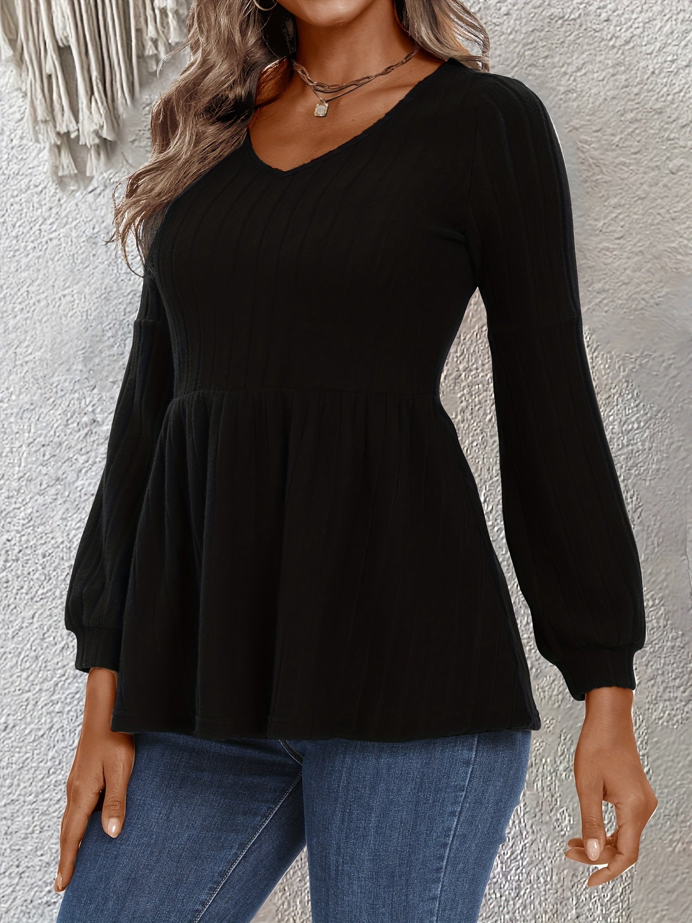  Solid Long Sleeve V Neck Knit Top Medium Stretch Sweater