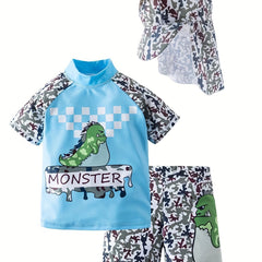 Baby Boys Cartoon Monster Swimsuit Set 3Pcs Swimming Clothing