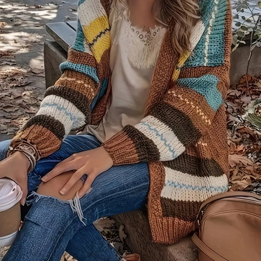  Colorblock Stripe Print Long Sleeve Open Front Cardigan