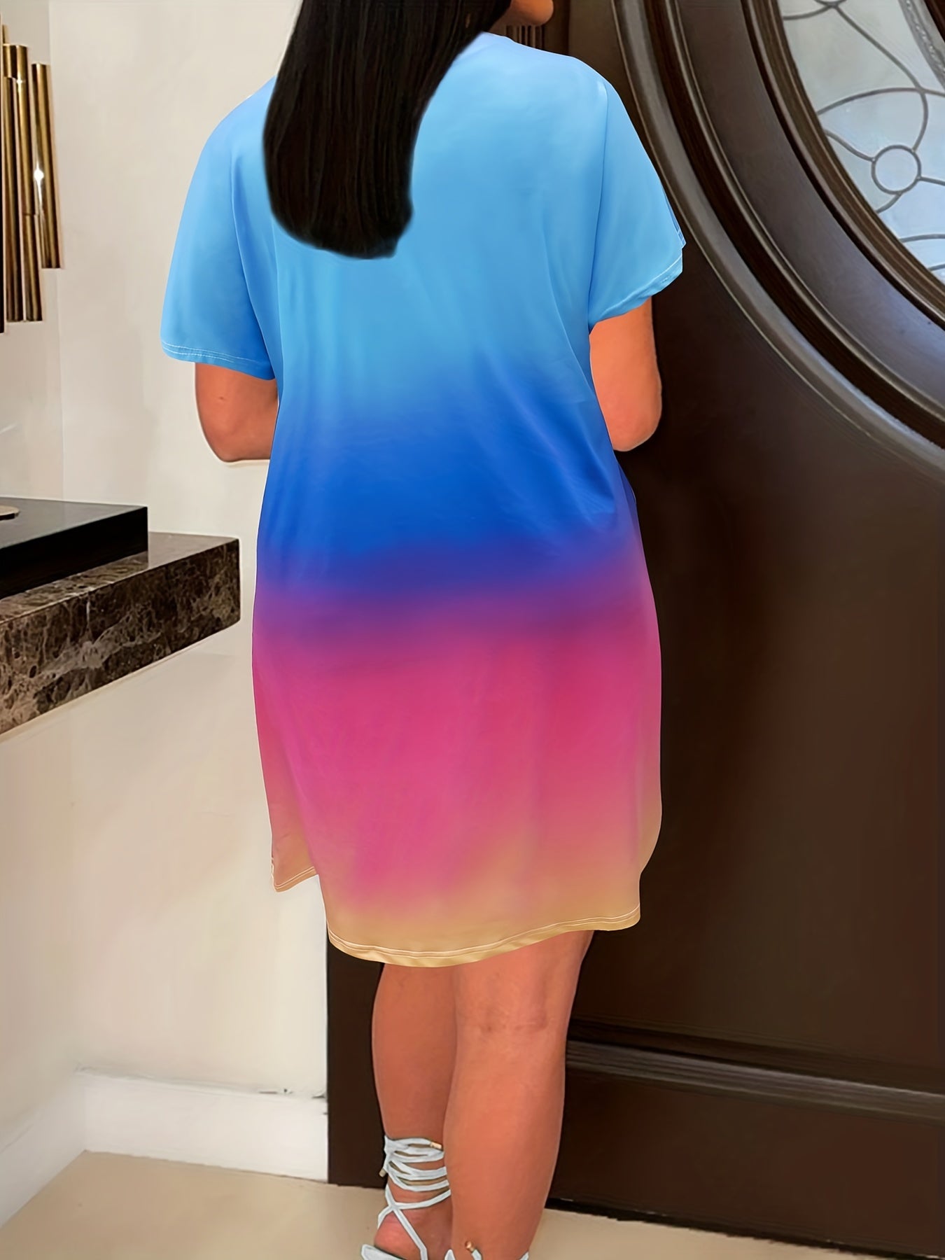  Casual Dress Women's Plus Letter & Ombre Print Short Sleeve V Neck Dre