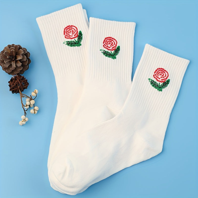 3 Pairs Floral Print Socks Comfy & Breathable Mid Tube Socks Women's Stockings