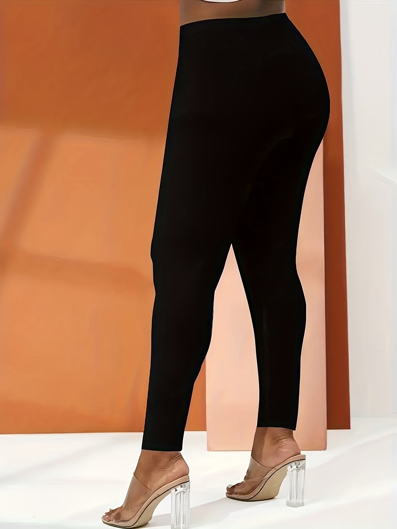  Solid High Rise Elastic Skinny Pants Women's Plus