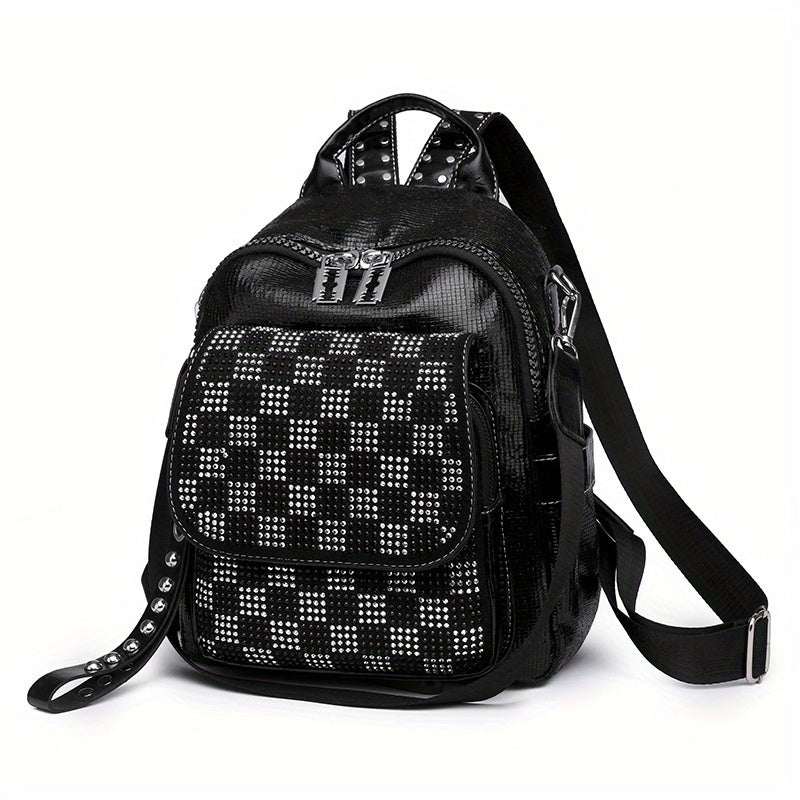 Sequins Backpack Purses Checkered Rhinestone Daypack Glitter Shoulder Bag