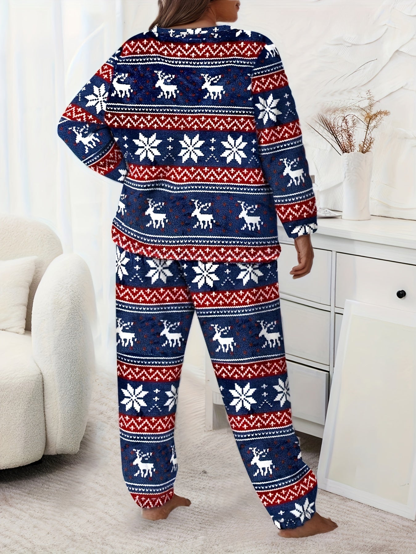  Christmas Loungewear Set Women's Plus Geo Snowflake & Elk Print Flanne