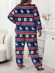  Christmas Loungewear Set Women's Plus Geo Snowflake & Elk Print Flanne