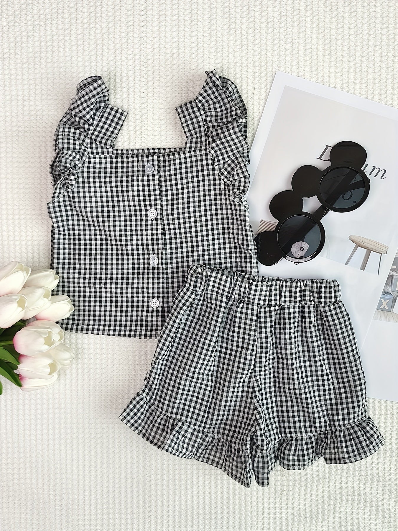 Plaid Ruffle Trim Top With Shorts Set for Baby Girls