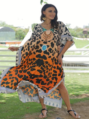  Boho Cover Up V-Neck Geometric Print Batwing Sleeve Split Cover Up