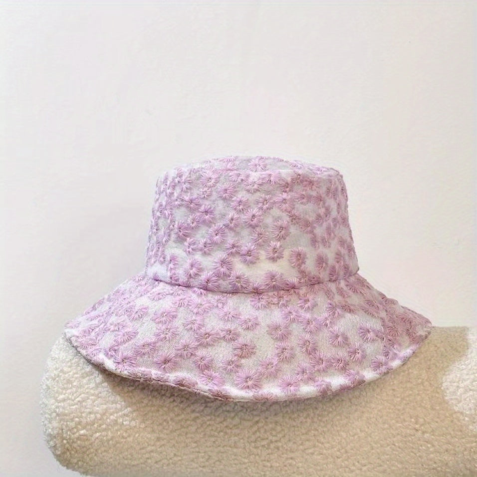 Mesh Lace Flower Embroidery Fisherman Hat for Women