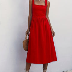 Women Solid Midi Long Dress Backless Slip Square Collar Ruched Party