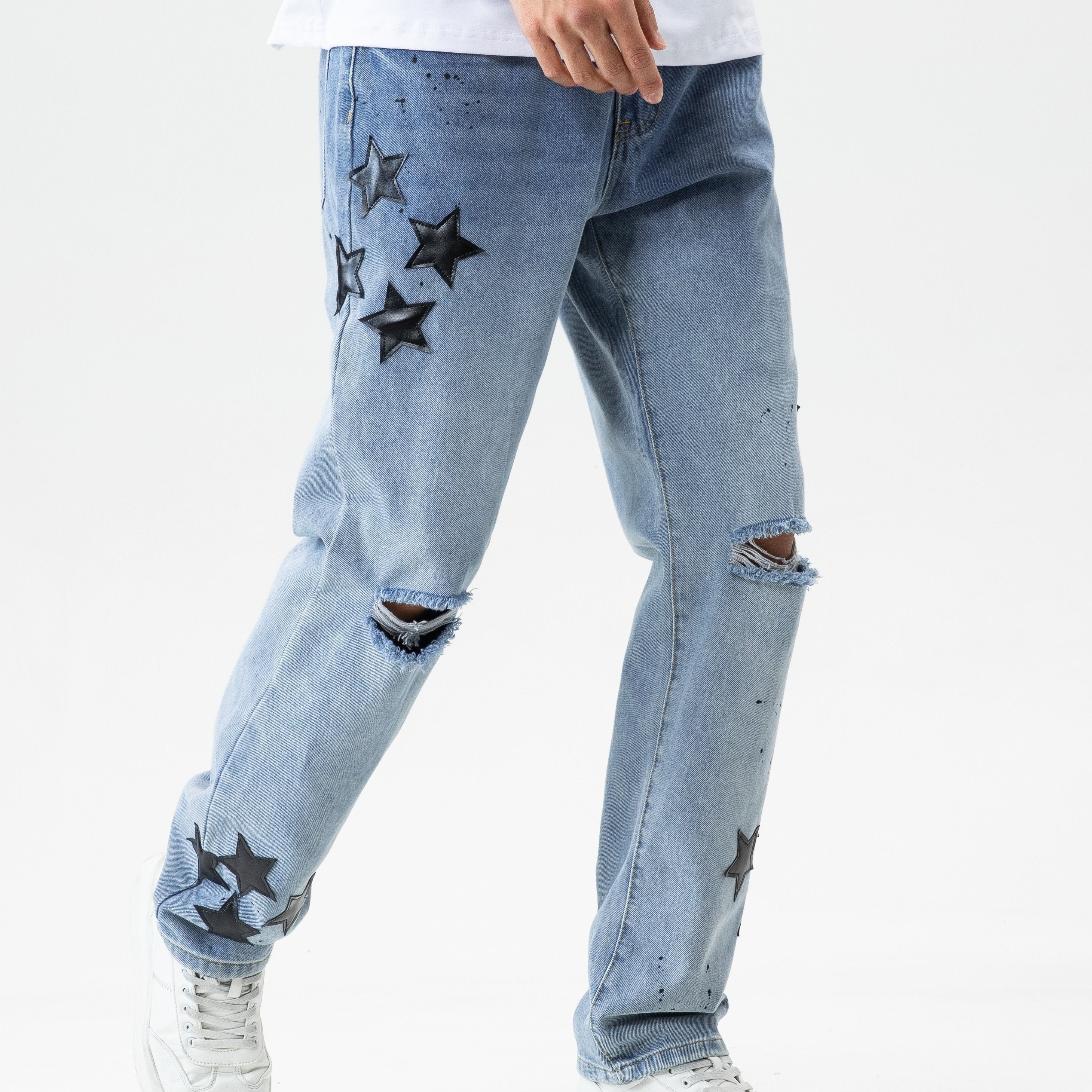Loose Fit Distressed Denim Jeans Men's Casual Street Style