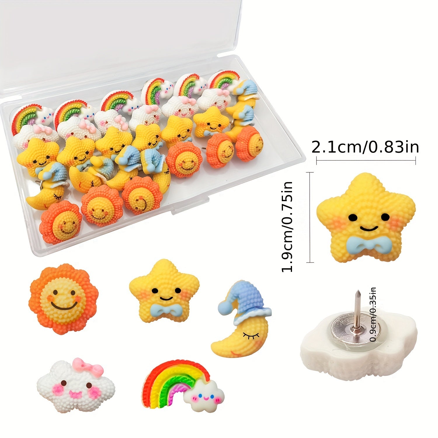 30PCS Moon Sun Stars Rainbow Clouds Push Pins Wall Decor Cartoon Resin