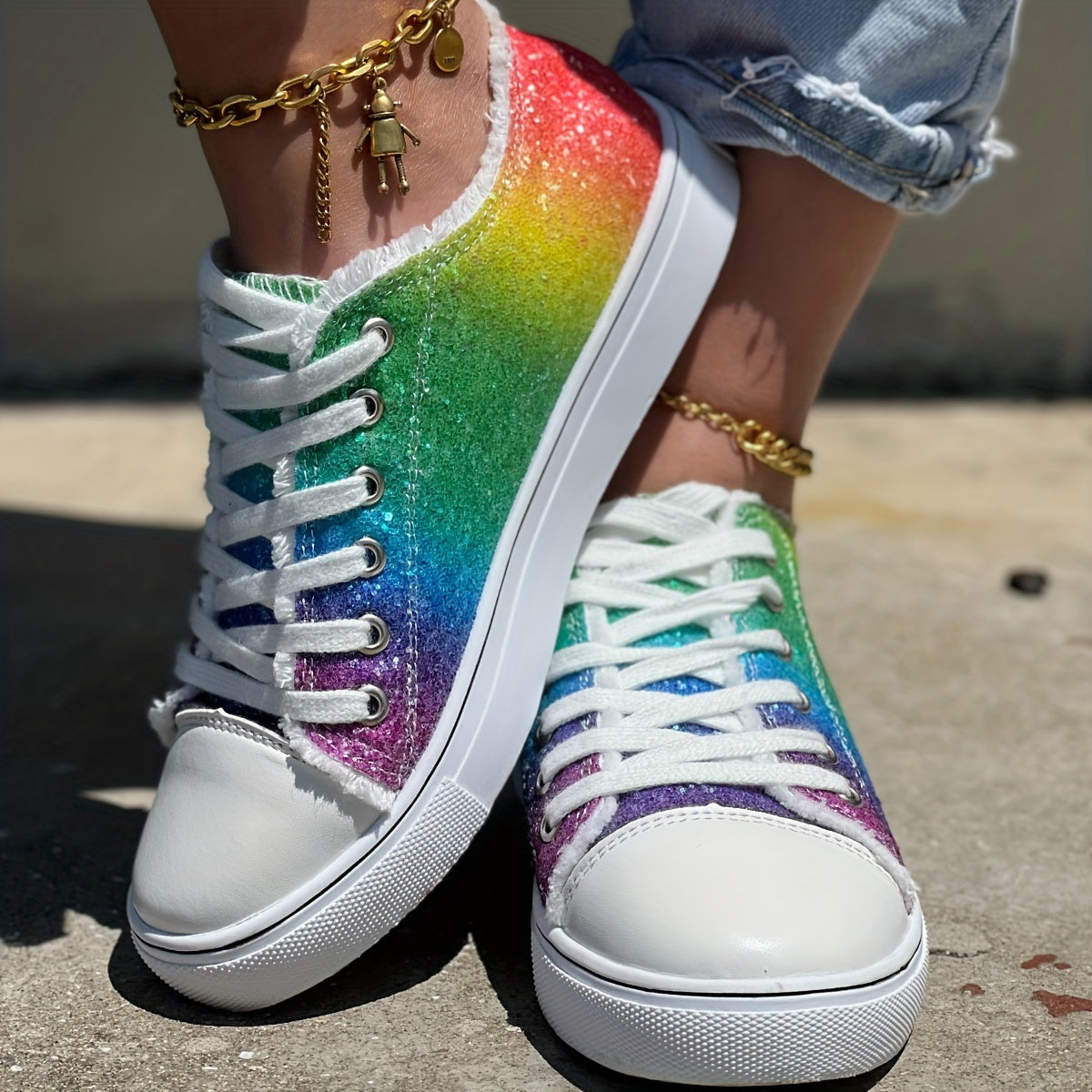 Glitter Rainbow Print Canvas Shoes Lace Up Outdoor Low Top Sneakers