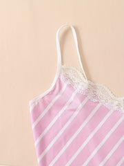 Striped Print Pajama Set Lace Trim V Neck Cami Top & Lounge Shorts