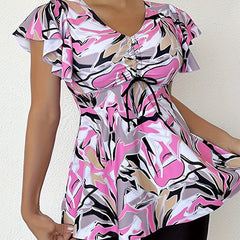  Abstract Print Tankini Set with Lace Butterfly Sleeve Top & Shorts