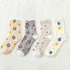 4 Pairs Floral Print Socks Mid Tube Stockings & Hosiery