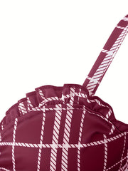  Plaid Print Zipper Lace Up Ruffle Trim V Neck Cami Dress