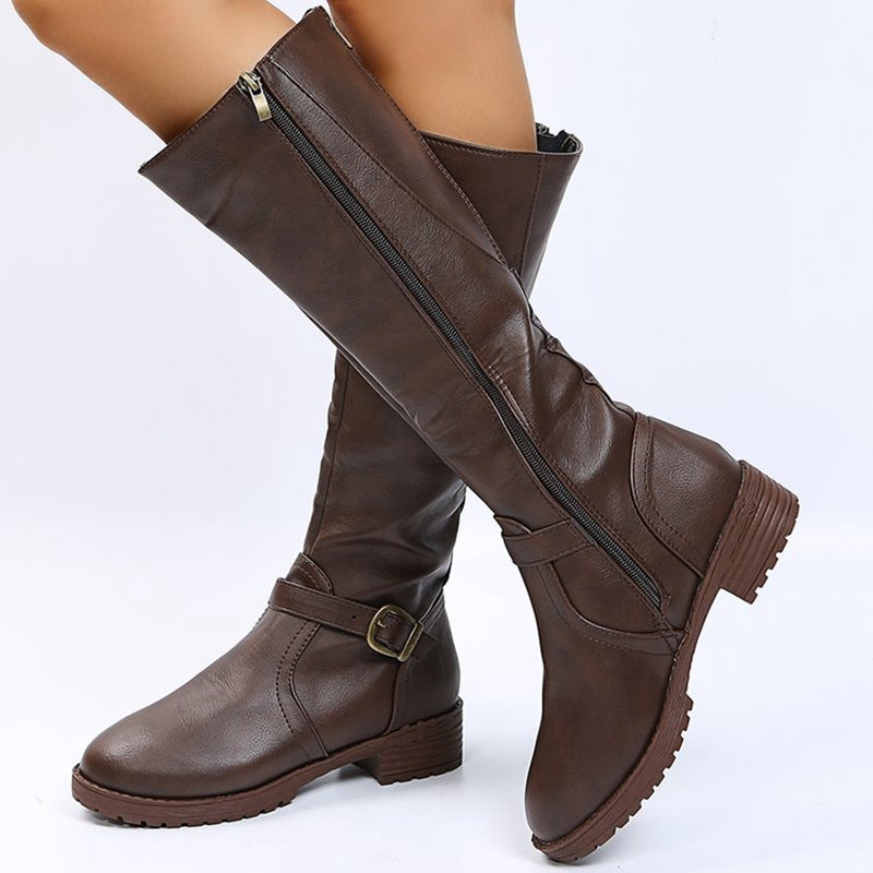 Women's Knee High Riding Boots Chunky Low Heel Buckle Zip Detail Long Boots