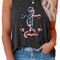  Casual Tank Top Women's Flag Anchor Print Round Neck Tank Top